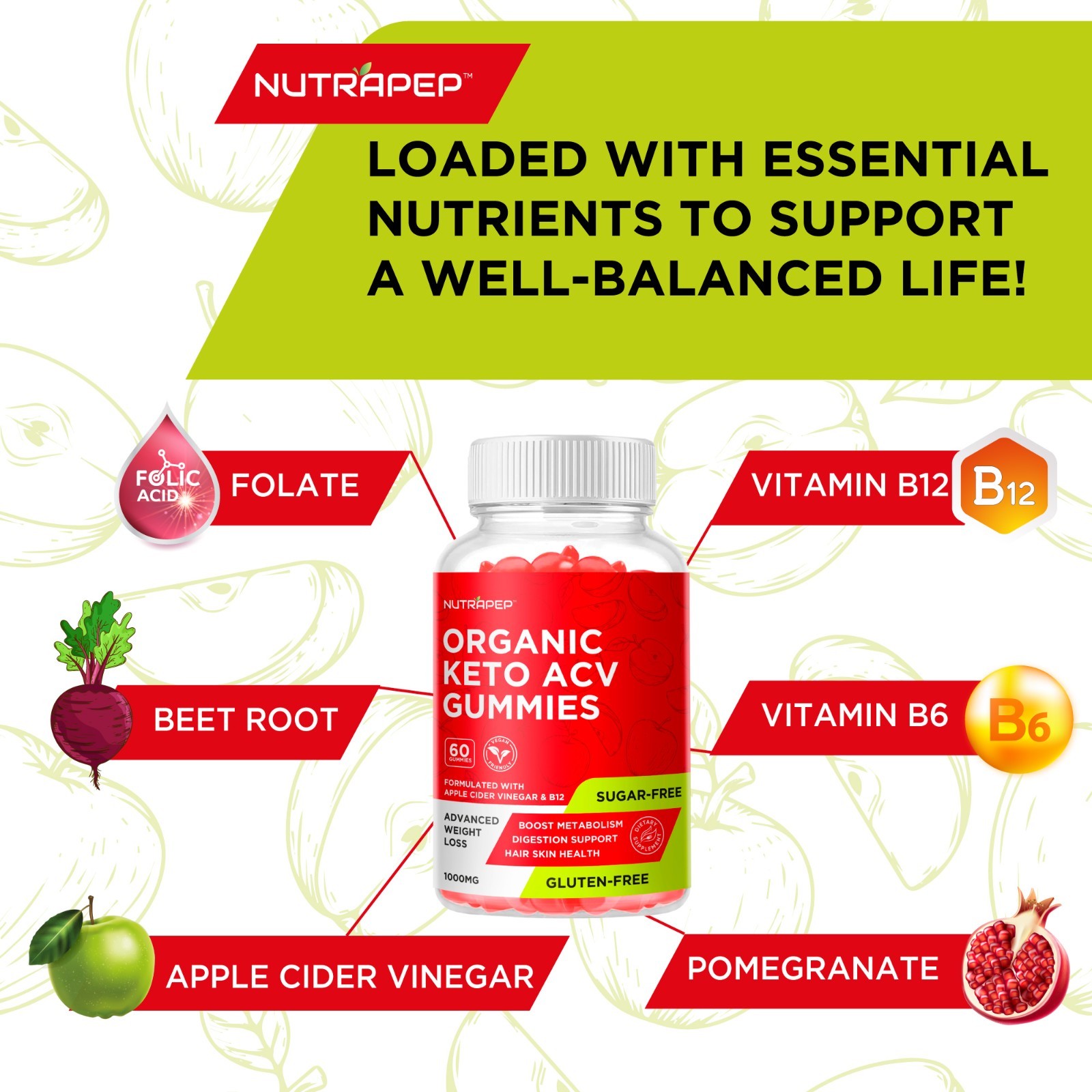 NutraPep Organic Keto ACV Gummies – Gluten-Free & Sugar-Free Apple Cider Vinegar
