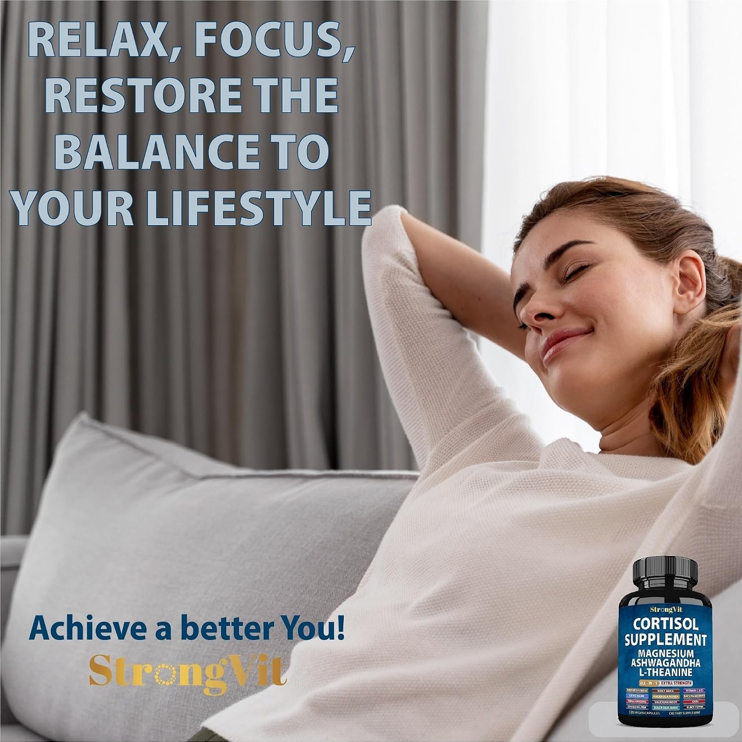 Holistic Cortisol Reducer with Magnesium, Ashwagandha & L-Theanine – 120 Count