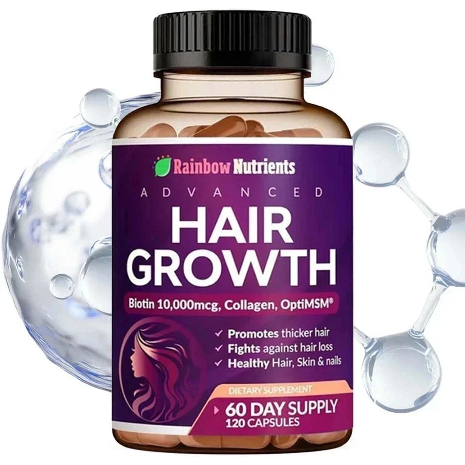 NEW Rainbow Nutrients ADVANCED Hair Growth Vitamins – Biotin 10,000mcg, Collagen