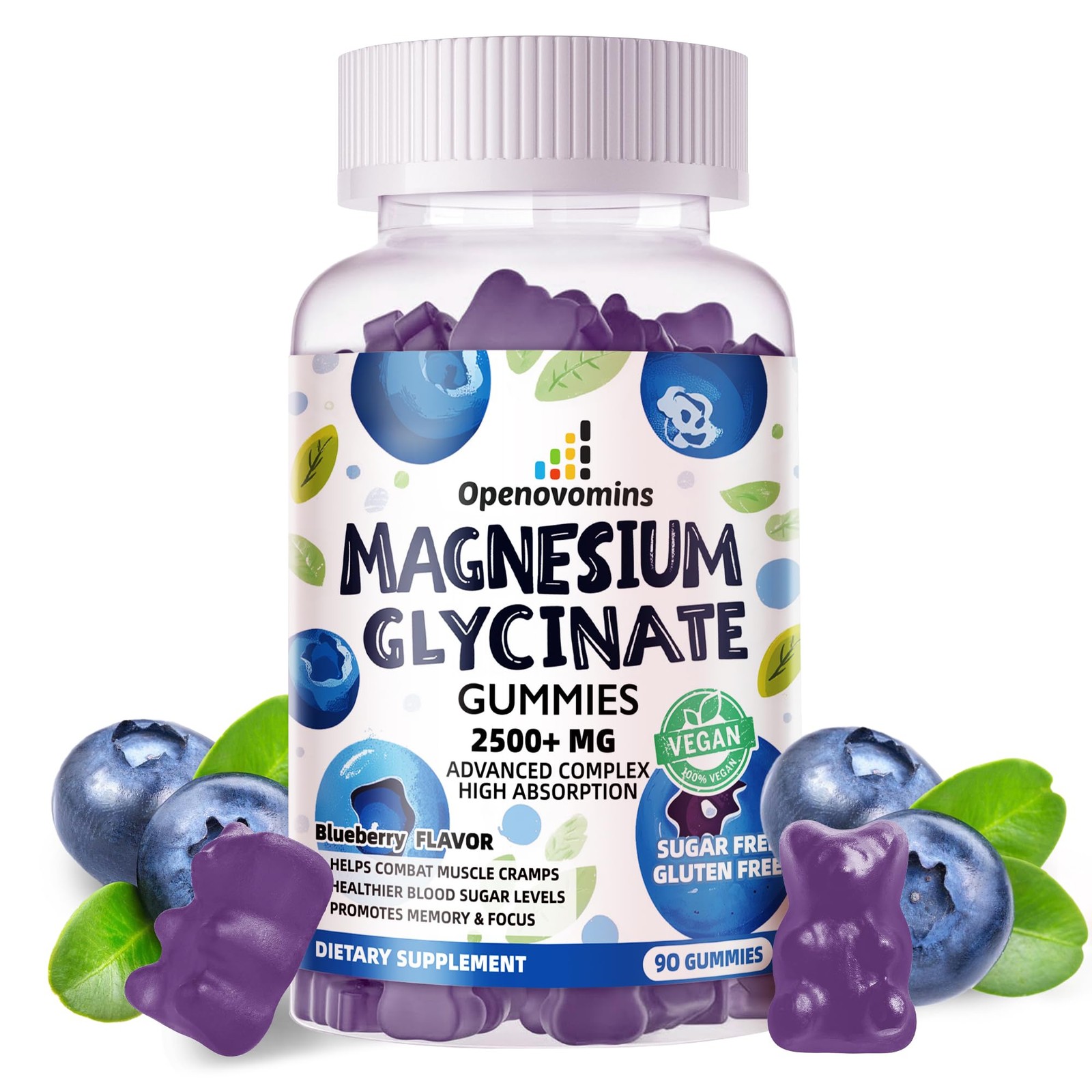 Magnesium Glycinate Gummies 2500mg – Sugar 90 Count (Pack of 1), Blueberry