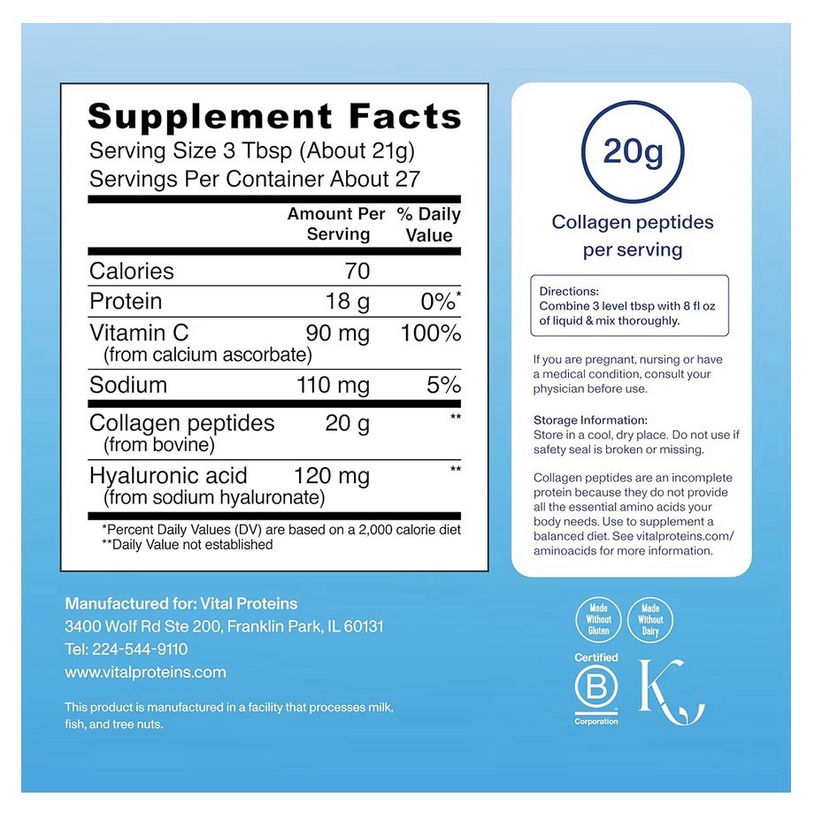 Vital Proteins Collagen Peptides Powder Advanced Hyaluronic Acid +Vitamin C 20oz