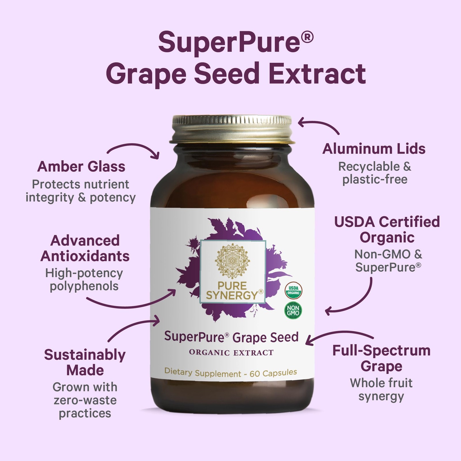 Organic Grape Seed Extract Supplement for Heart Health and Skin Support (60