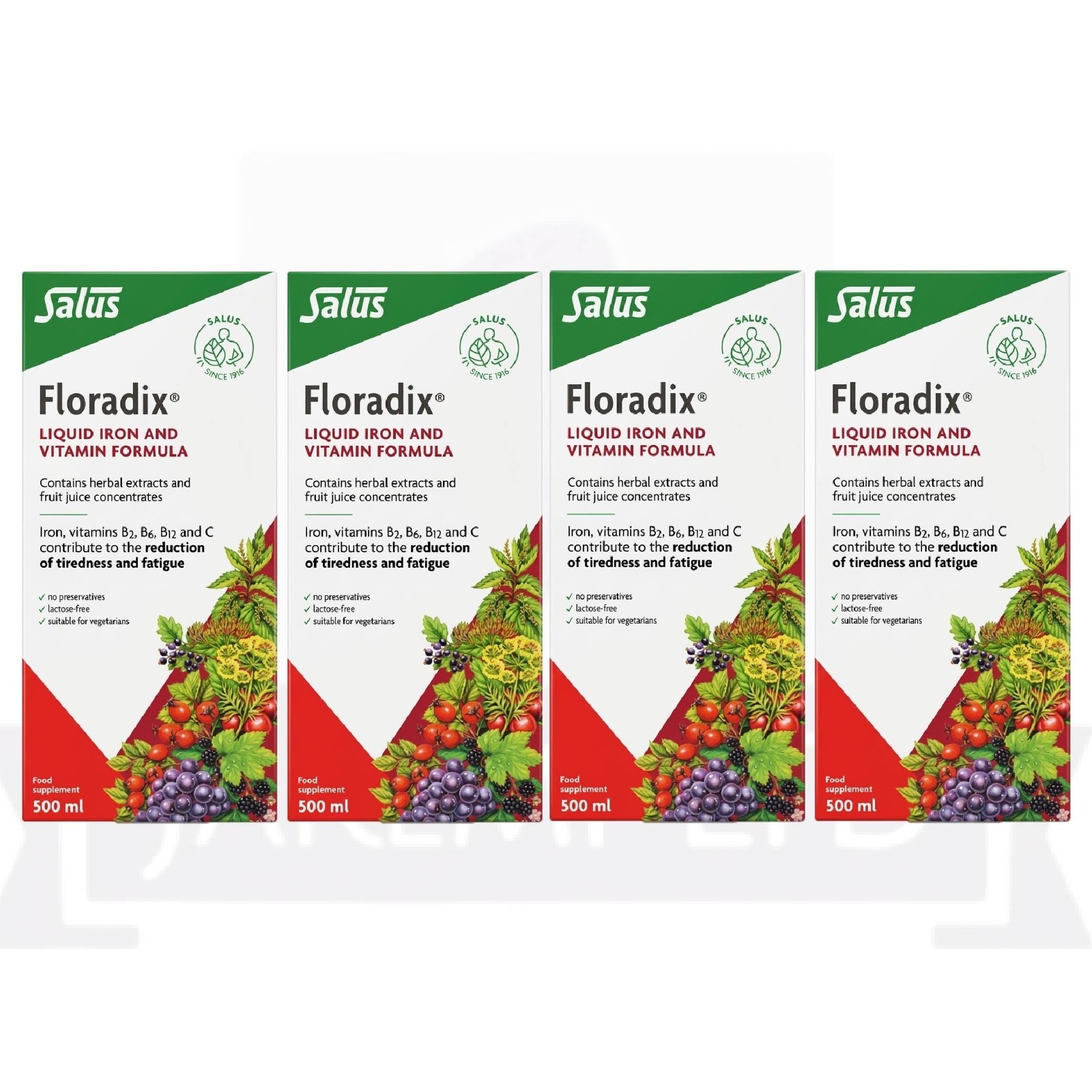 Floradix Liquid Iron & Vitamin Formula 500ml Pack of 4 Energy & Health Boost