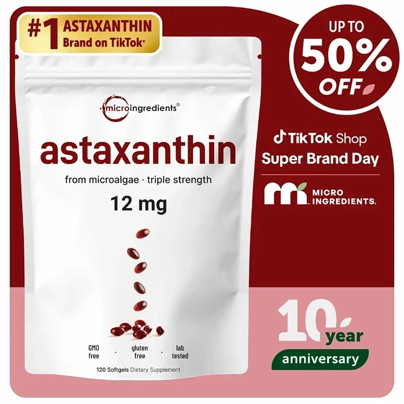 Fresh Micro Ingredients Astaxanthin 12mg, 120 softgels, tanning pills, Strength-