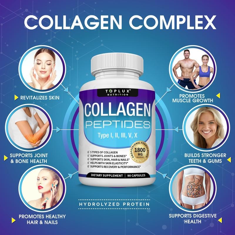 Collagen Peptides 5 Types Complex 1800mg US Made Dietary Supplement for Health