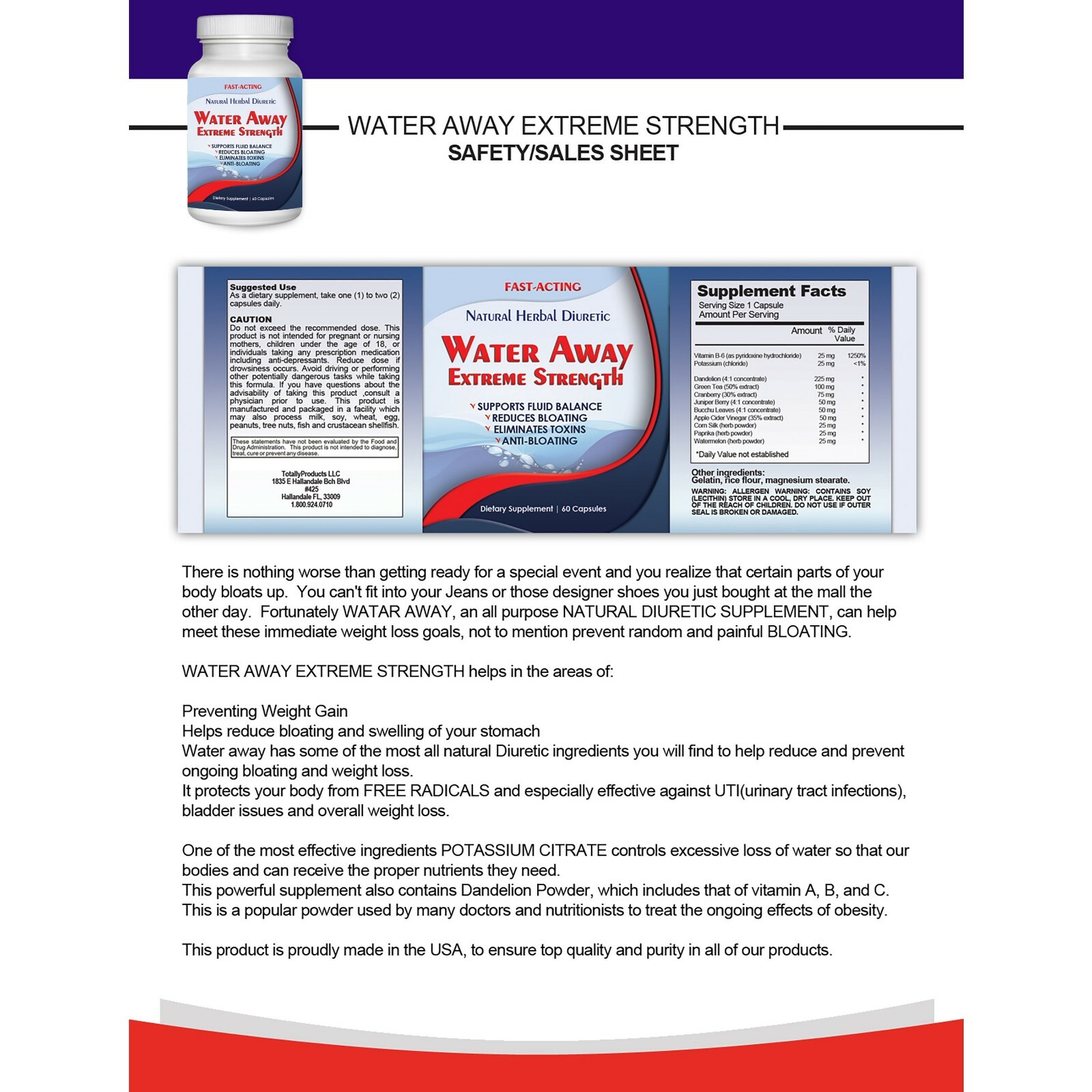 Diuretic Water Away Pills 700mg Weight Loss Blend of Minerals Supplement