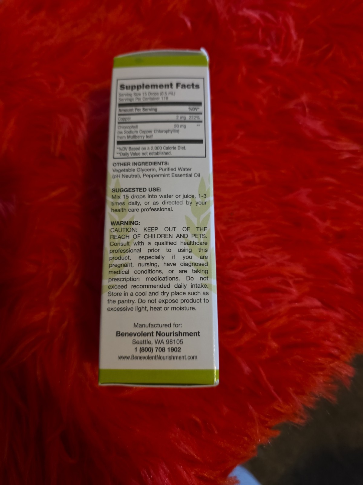 Benevolent Nourishment Liquid Chlorophyll Drops 2oz Mint Flavor Vegan Detox New