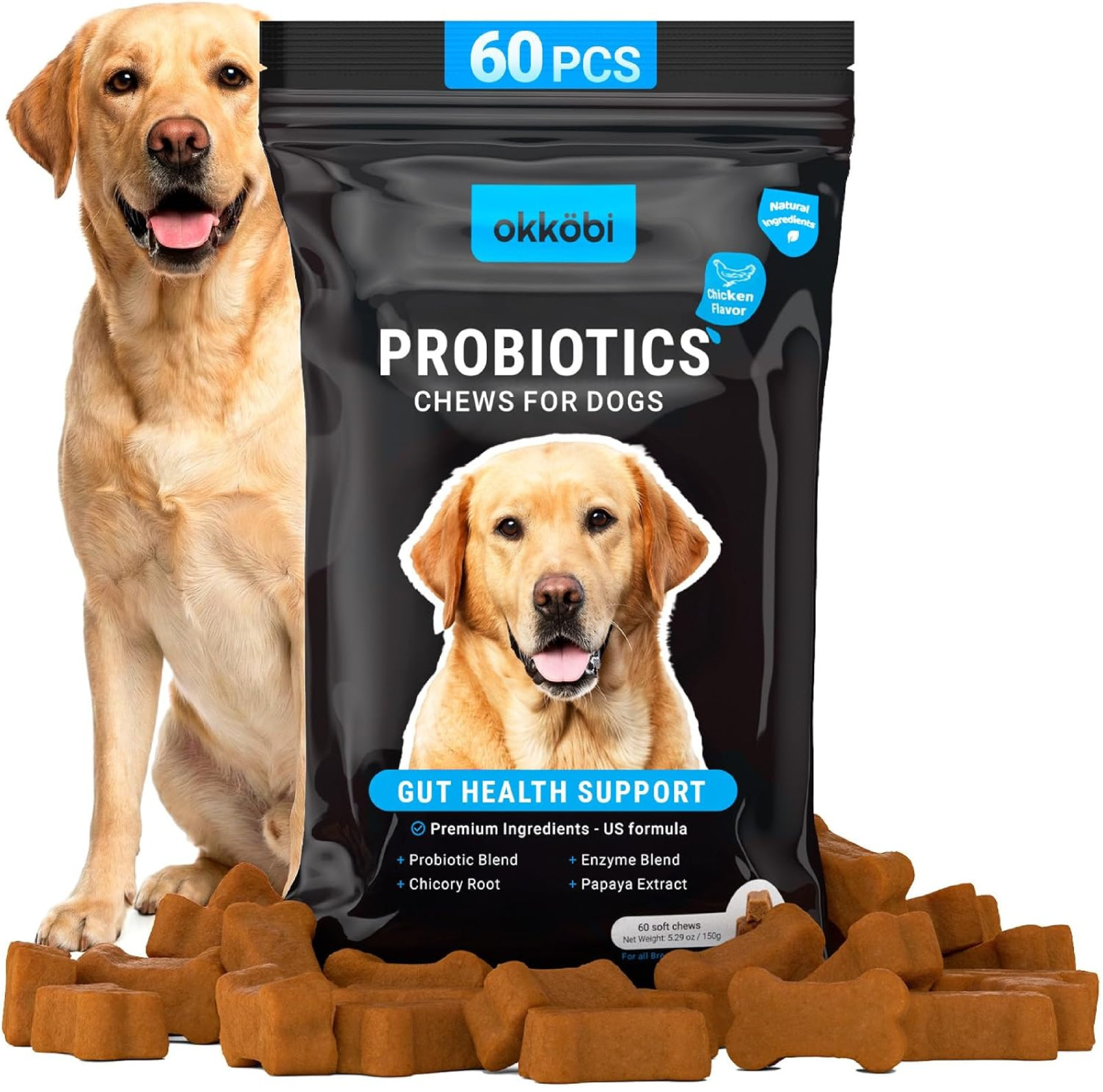 Probiotics for Dogs Chews 60 Pcs – Digestive, Gut Health & Diarrhea Support – Ch