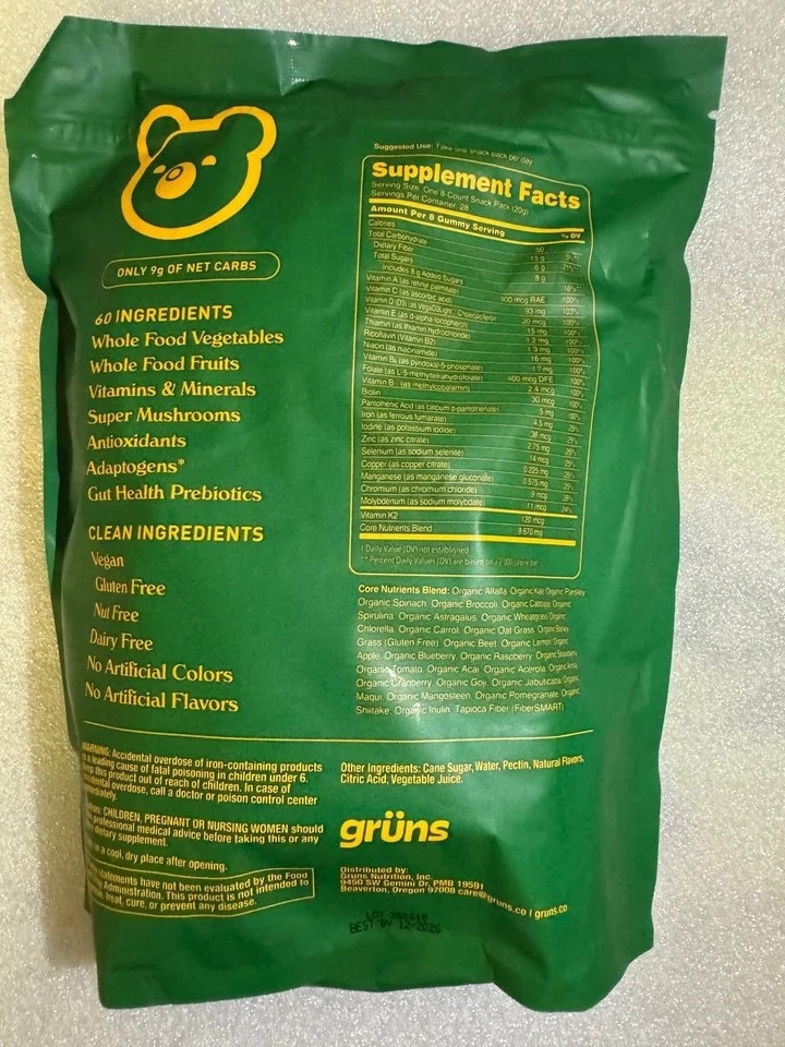 Gruns Low Sugar – SuperFoods Greens Gummies, Sweet Taste – BULK 100 PACKS