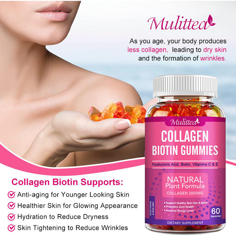 Collagen Biotin Gummies – Vitamin C Boost Skin/Hair Health 60pcs Vitamins