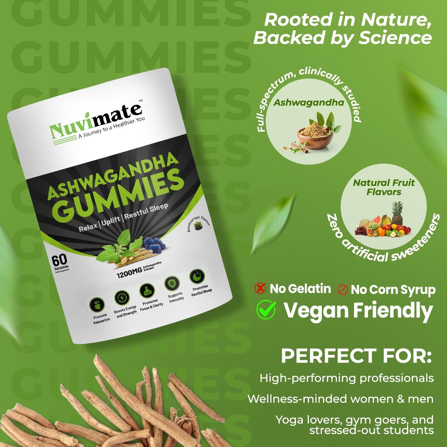 NUVI.MATE Ashwagandha Gummies 1200mg 60 Pack of 3