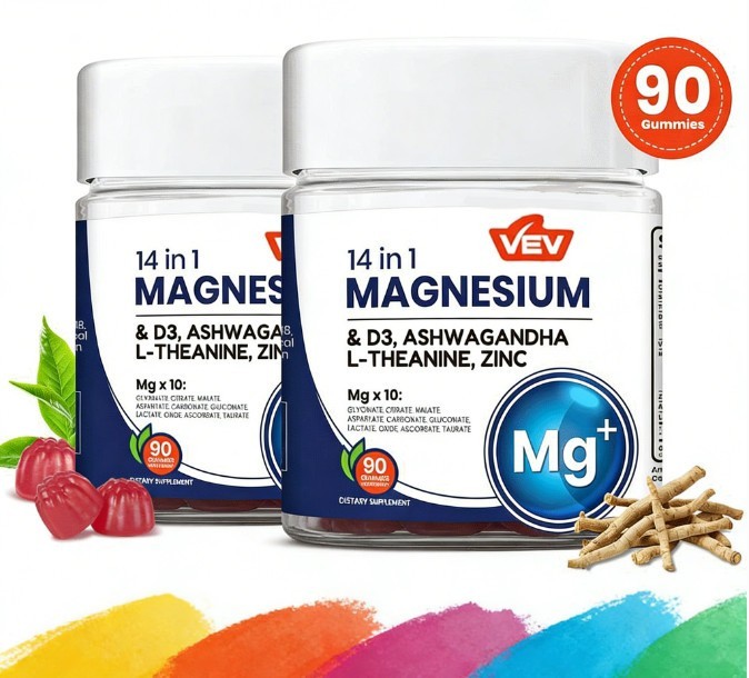 2-Pack VEV 14-in-1 Magnesium Gummies – 10 Mg Types + D3, Ashwagandha – 90 Ct