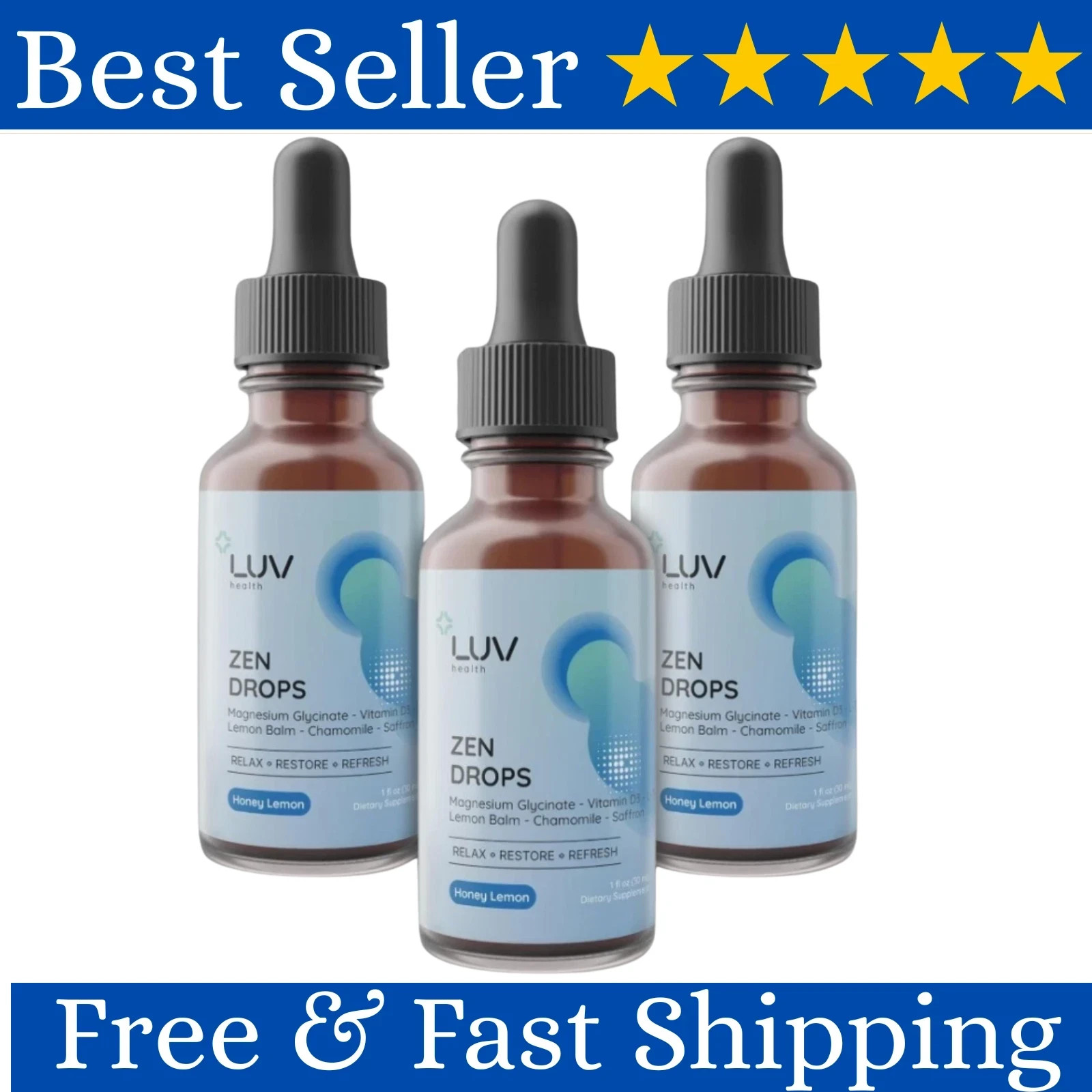 LUV Zen Drops Stress Support with Magnesium Glycinate and Lemon BalM 3 PACK.