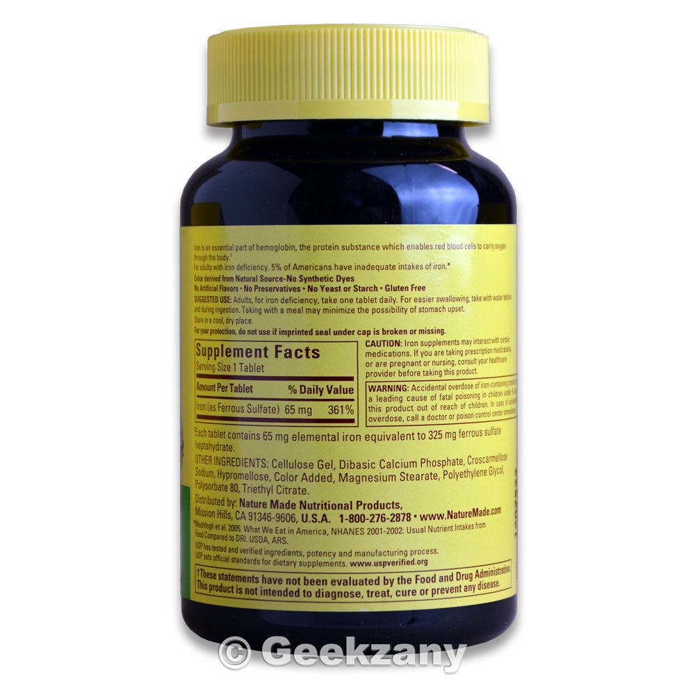 Nature Made Iron 65 mg Ferrous Sulfate 365 Tablets Dietary Supplement Exp: 11/25
