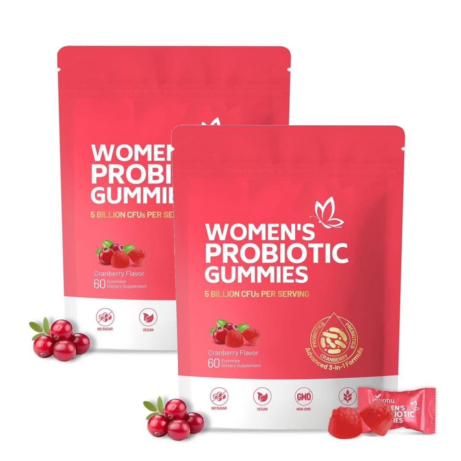 2PCS Vaginal Probiotic Health Gummies Women pH Balance Yeast Flora Cranberry