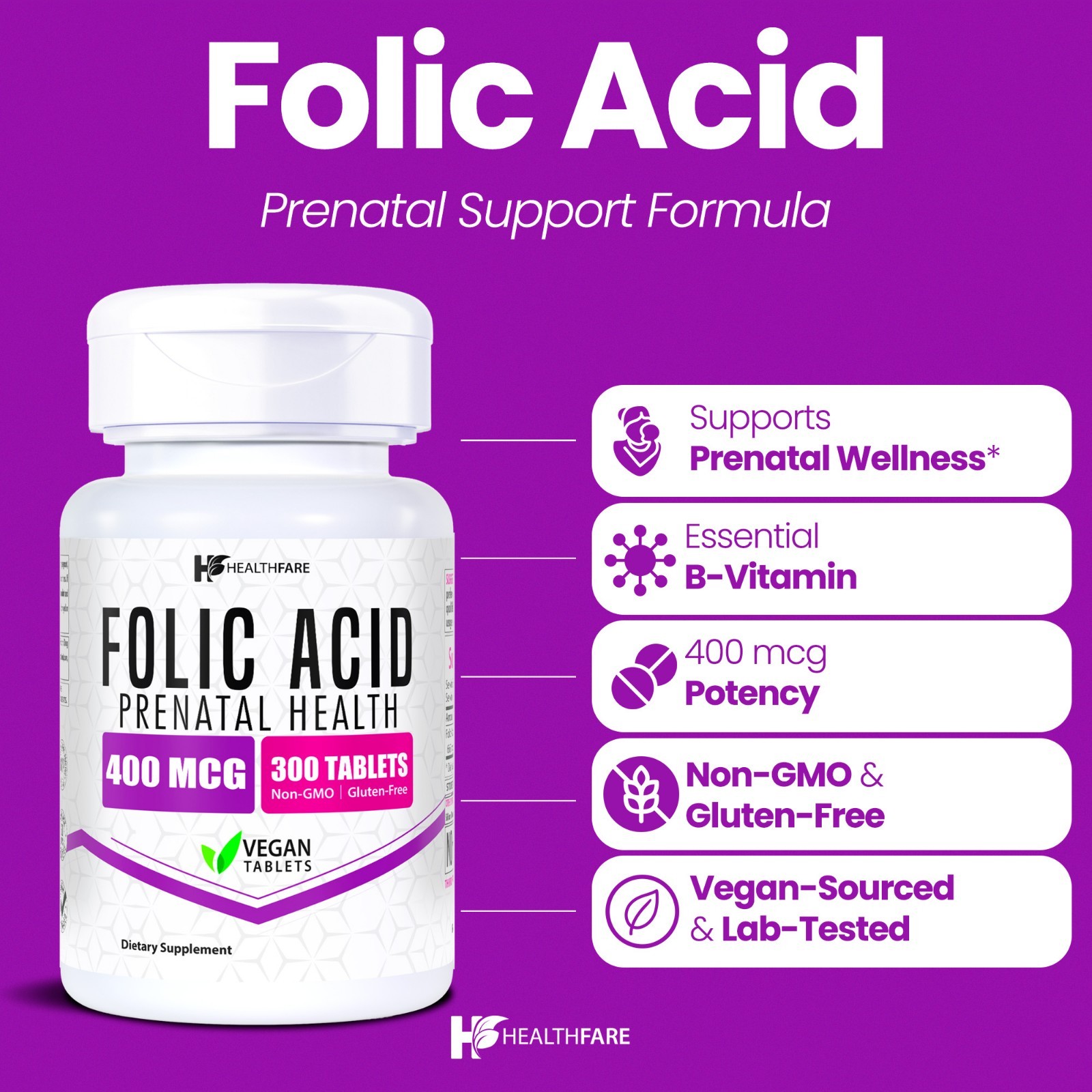 HealthFare Folic Acid 400mcg 300 Tablets Folate Vitamin B9 Water-Soluble