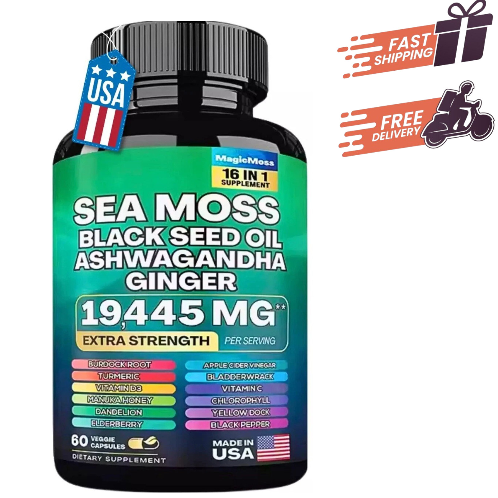 Sea Moss, Black Seed Oil, Ashwagandha, Turmeric, Ginger (16 in 1 Multivitamin)