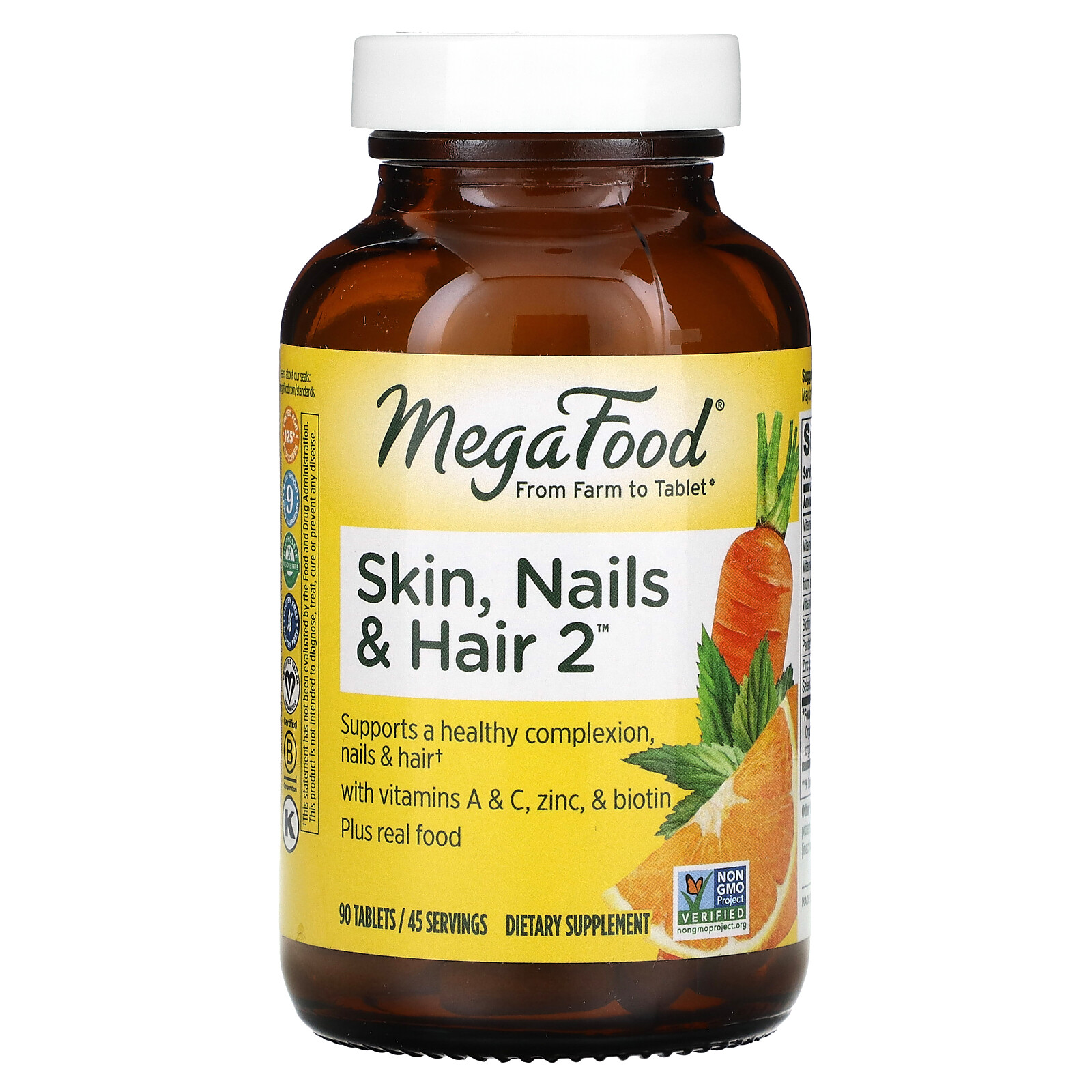 MegaFood Skin Nails Hair 2 90 Tablets Dairy-Free, Gluten-Free, NSF Certified,