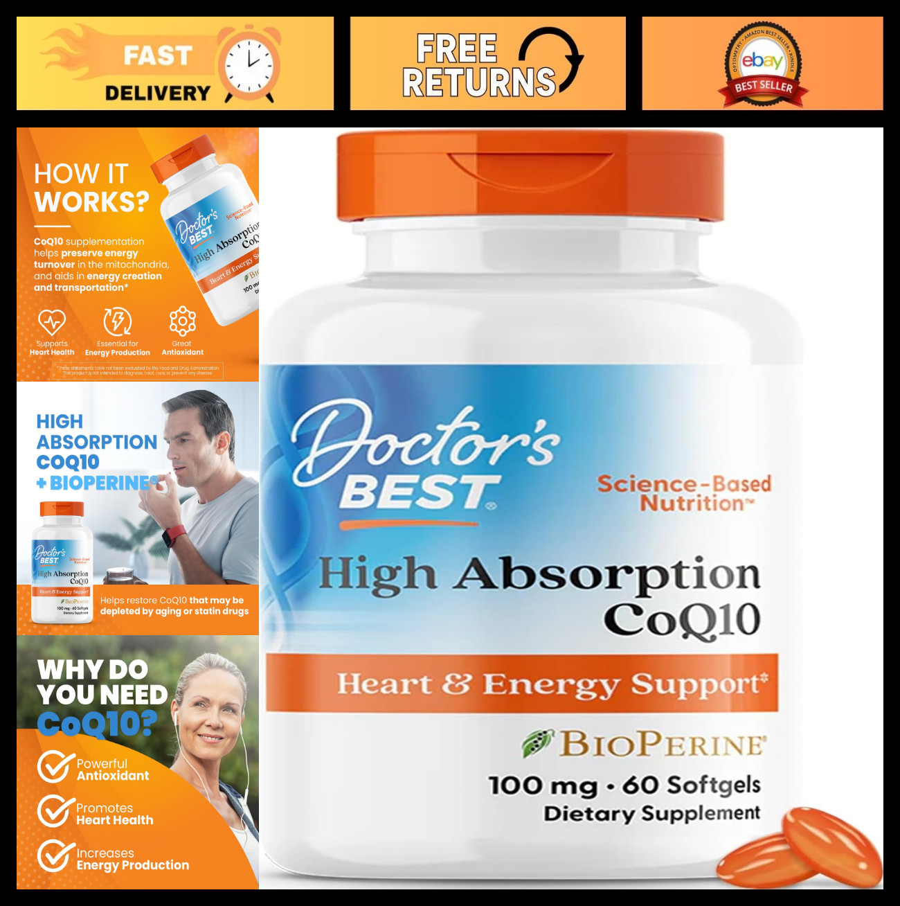 High Absorption CoQ10 with BioPerine, Gluten Free, Heart Health & Energy, 100mg,