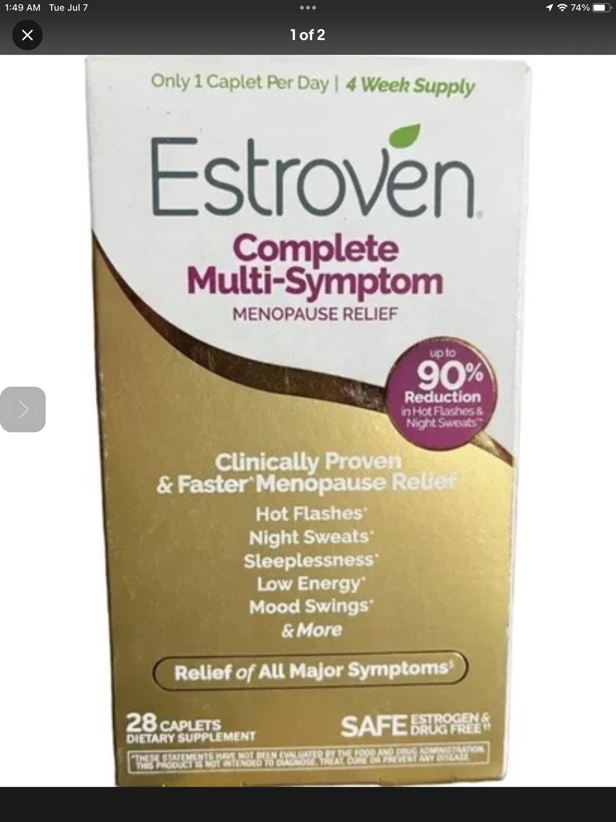 Estroven Complete Menopause Relief Caplets – 28 Count Exp 11/26