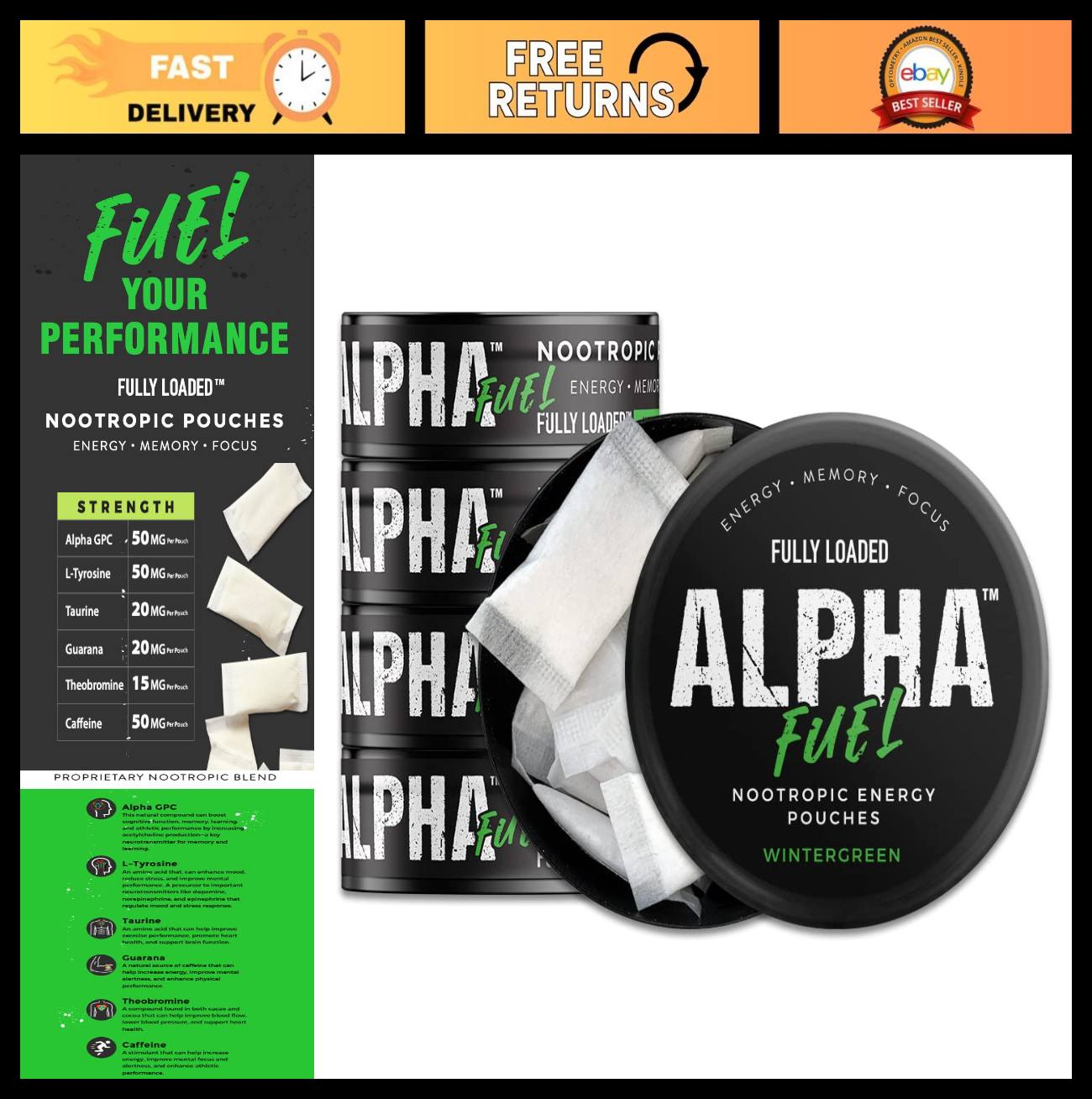 Nootropic Energy Pouches with Caffeine & Alpha GPC – Wintergreen Flavor, Focus &
