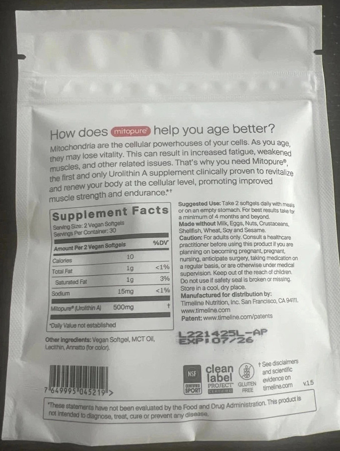 Time-Line Longevity Supplement Mitopure Urolithin A 60 Softgels 07/27