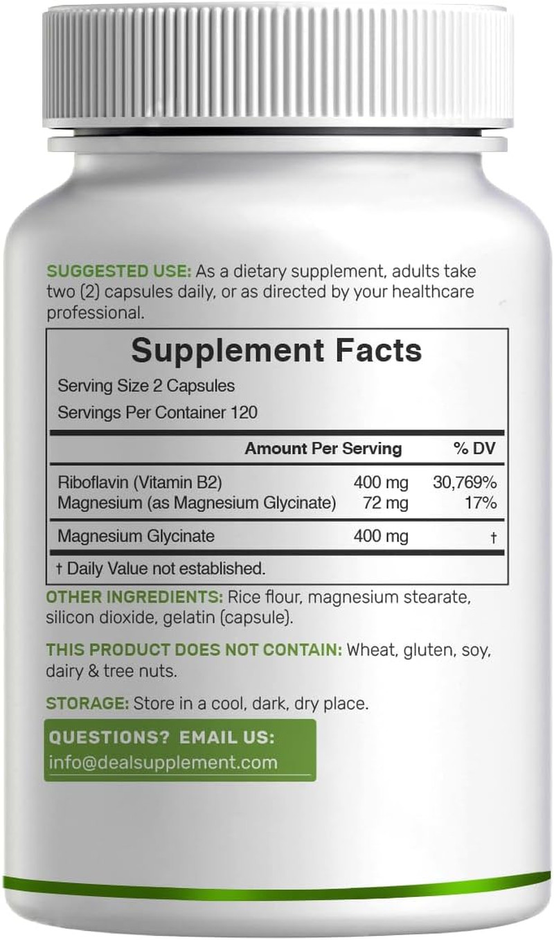 Vitamin B2 400Mg (Riboflavin) | with Magnesium Glycinate 400Mg, 240 Capsules …