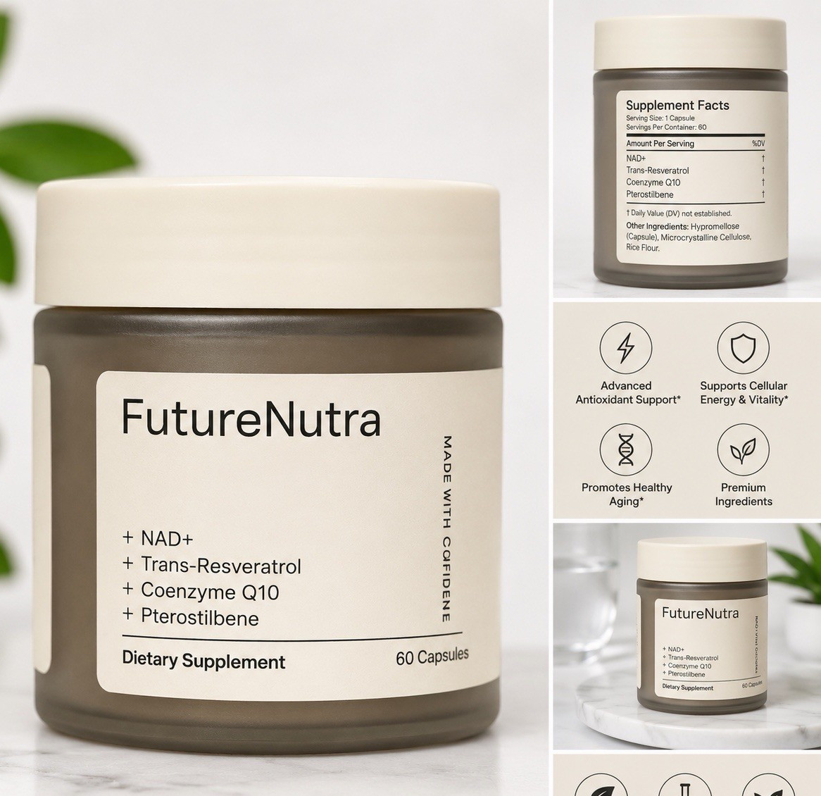FutureNutra NAD+ Trans-Resveratrol CoQ10 Pterostilbene Antioxidant 60 Caps