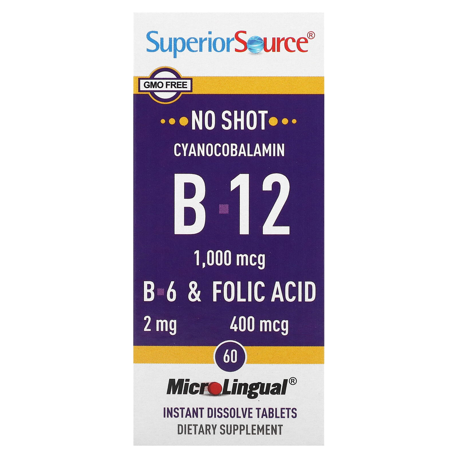Cyanocobalamin & B-12 & B-6 & Folic Acid, 1,000 mcg & 2 mg & 400 mcg, 60