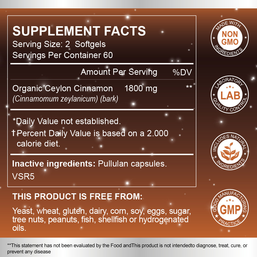 Organic 1800mg Ceylon Cinnamon 240 Capsules Highest Potency Blood Sugar Support