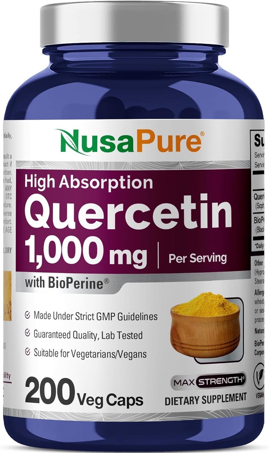NusaPure Quercetin 1000mg – 200 Veggie Caps Non-GMO Vegan Vegetarian Bioperine