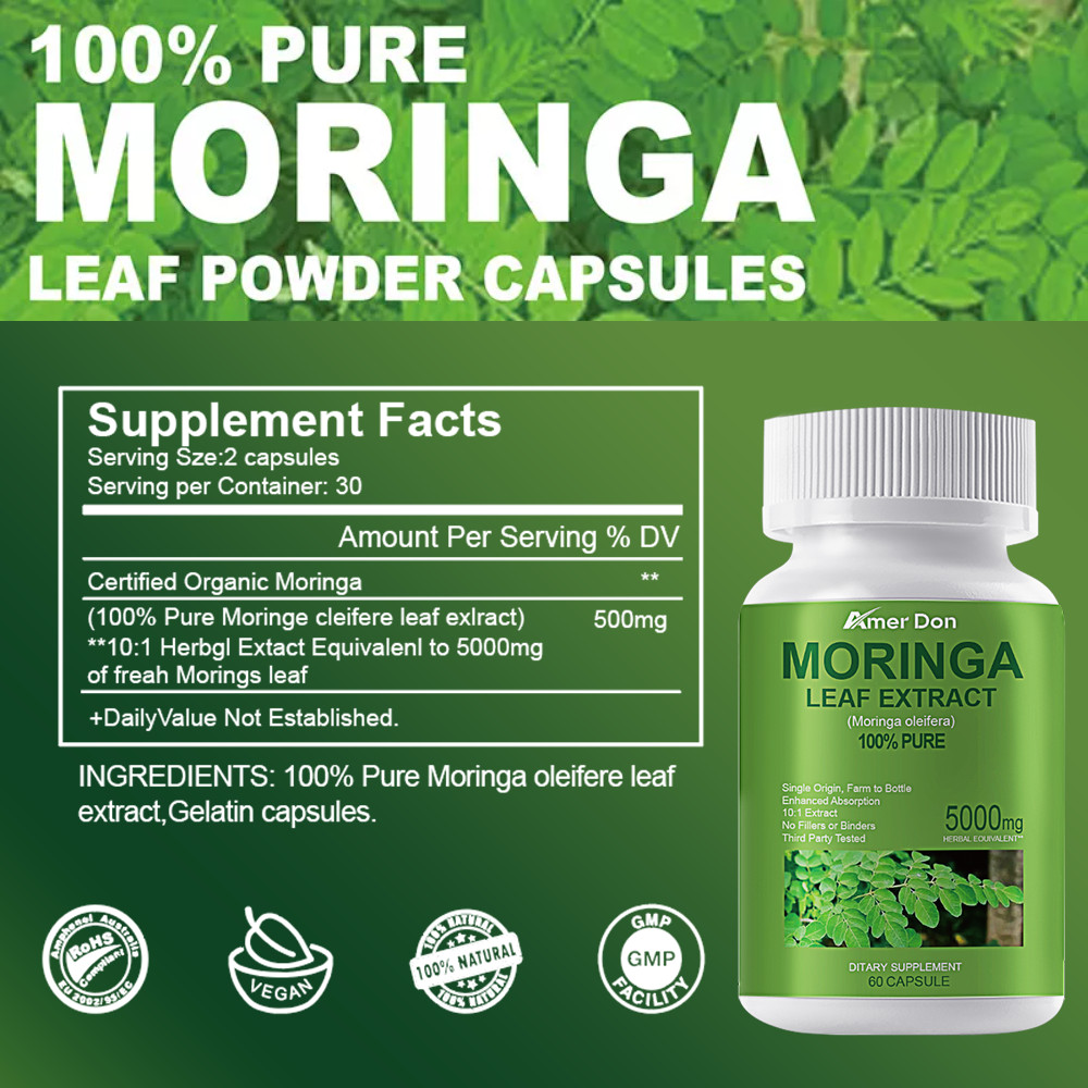 60 Capsules Moringa Oleifera Leaf Powder 5000mg – 100% Organic Herbal Extract