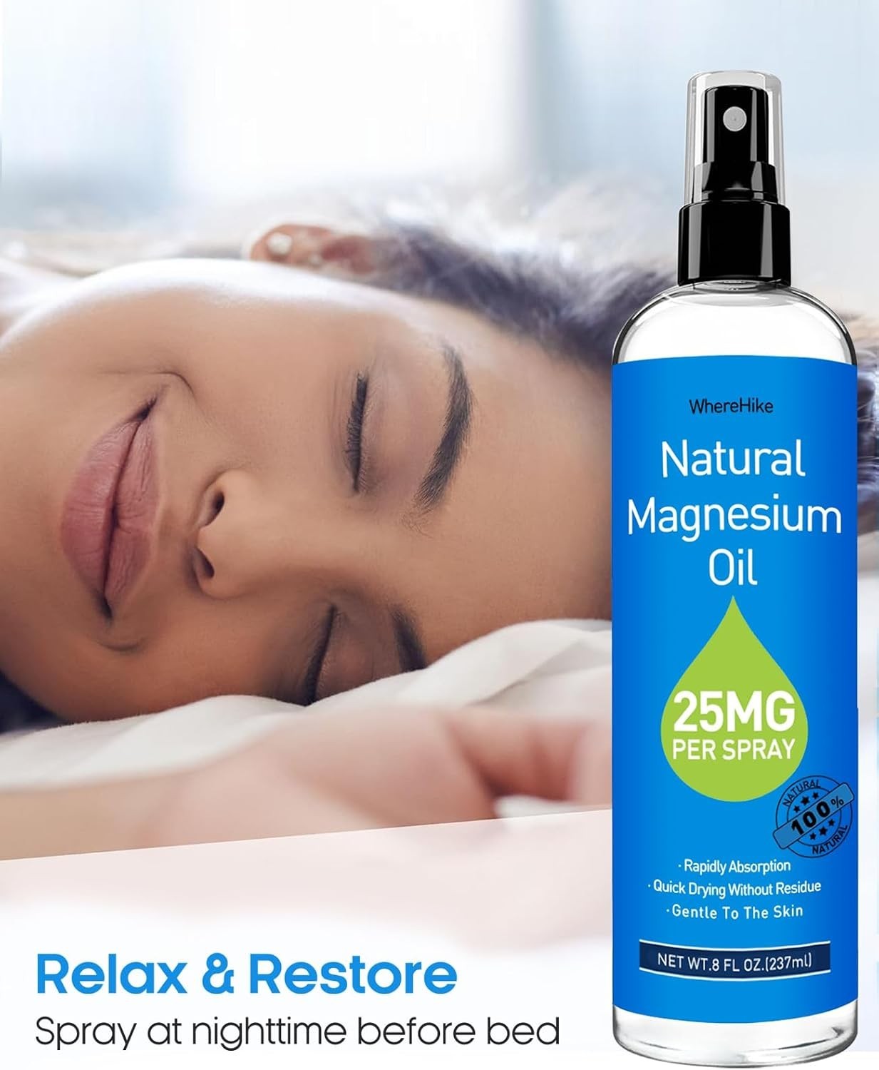 Magnesium Oil Spray – For Feet, Sleep & Muscle Relief, Vanilla/Lavender/Natural.