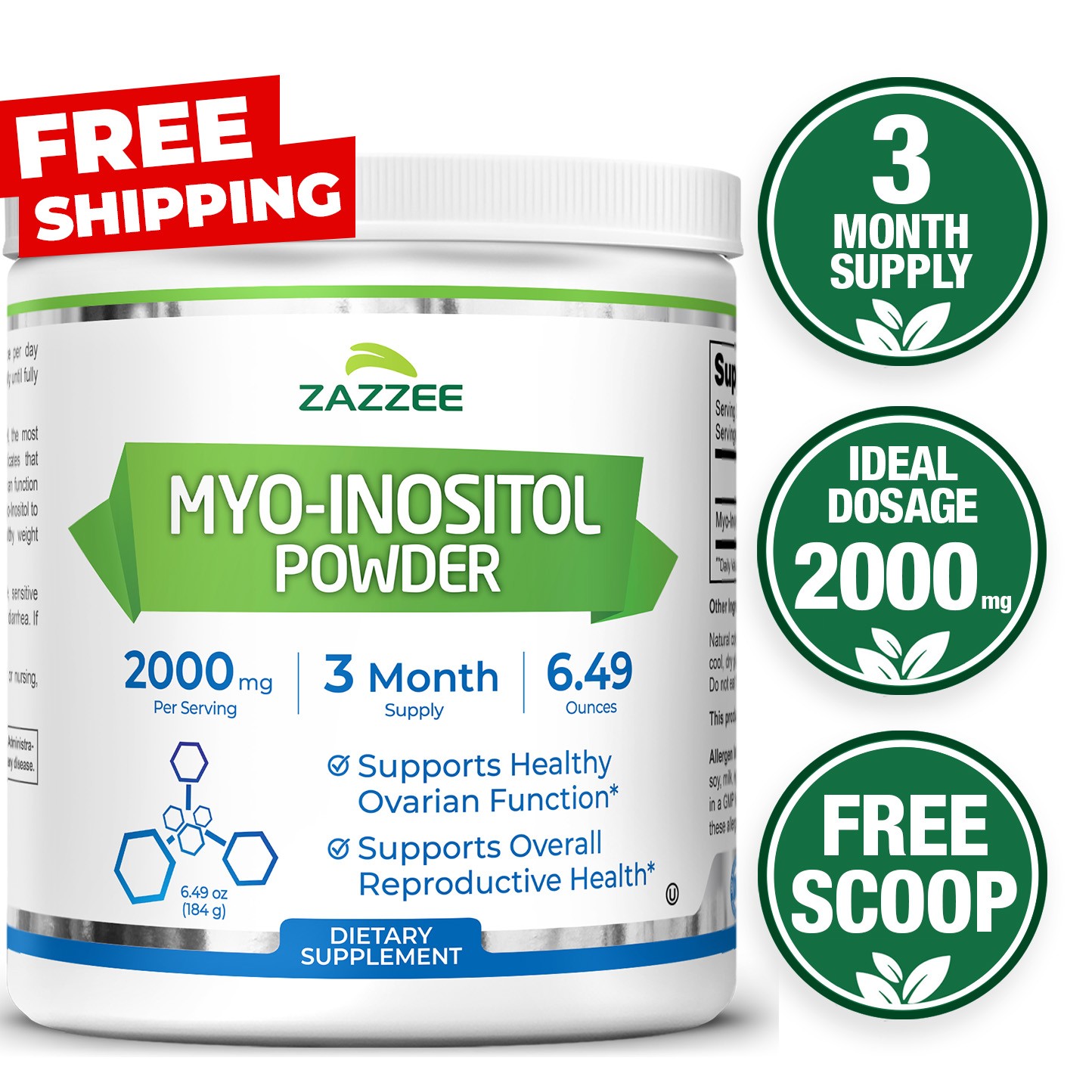 Zazzee Myo-Inositol Powder, 3 Month Supply, 92 Servings, 2000 mg per Serving
