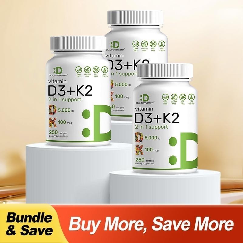 NEW Vitamin D3 5000 IU with K2 MK7 250 Veggie Softgels Bone Immune Support