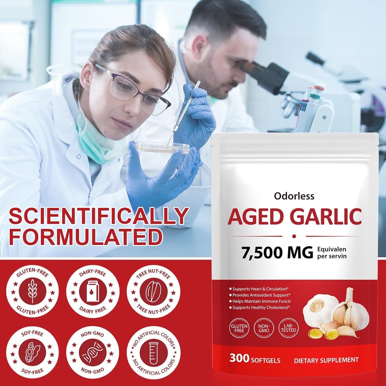 Odorless Garlic 7500mg Per Servings, 300 Softgels | 2 Years Aged Garlic Extra…