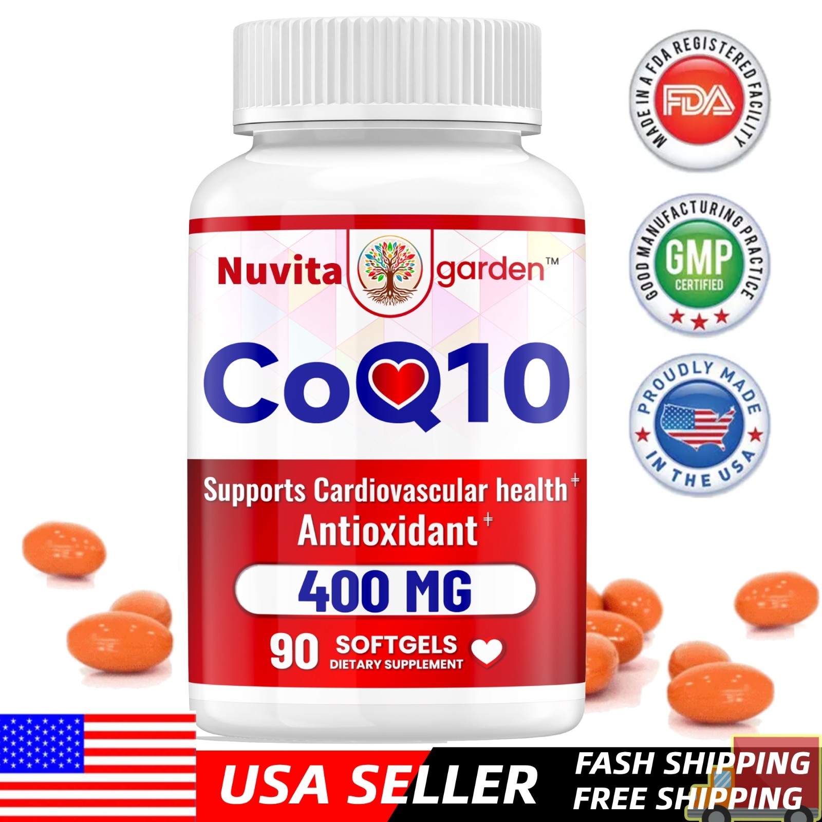 CoQ10 400mg Dietary Supplement, 90 Softgels, Antioxidant Support, Made in the US