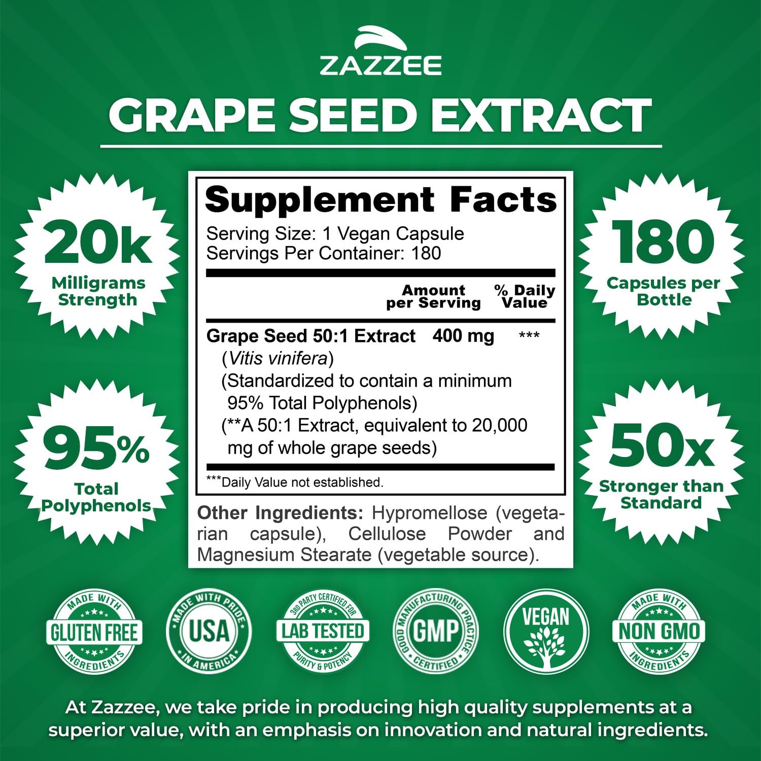 High Strength Grape Seed Extract 400mg, 180 Vegan Capsules, 95% Polyphenols, …