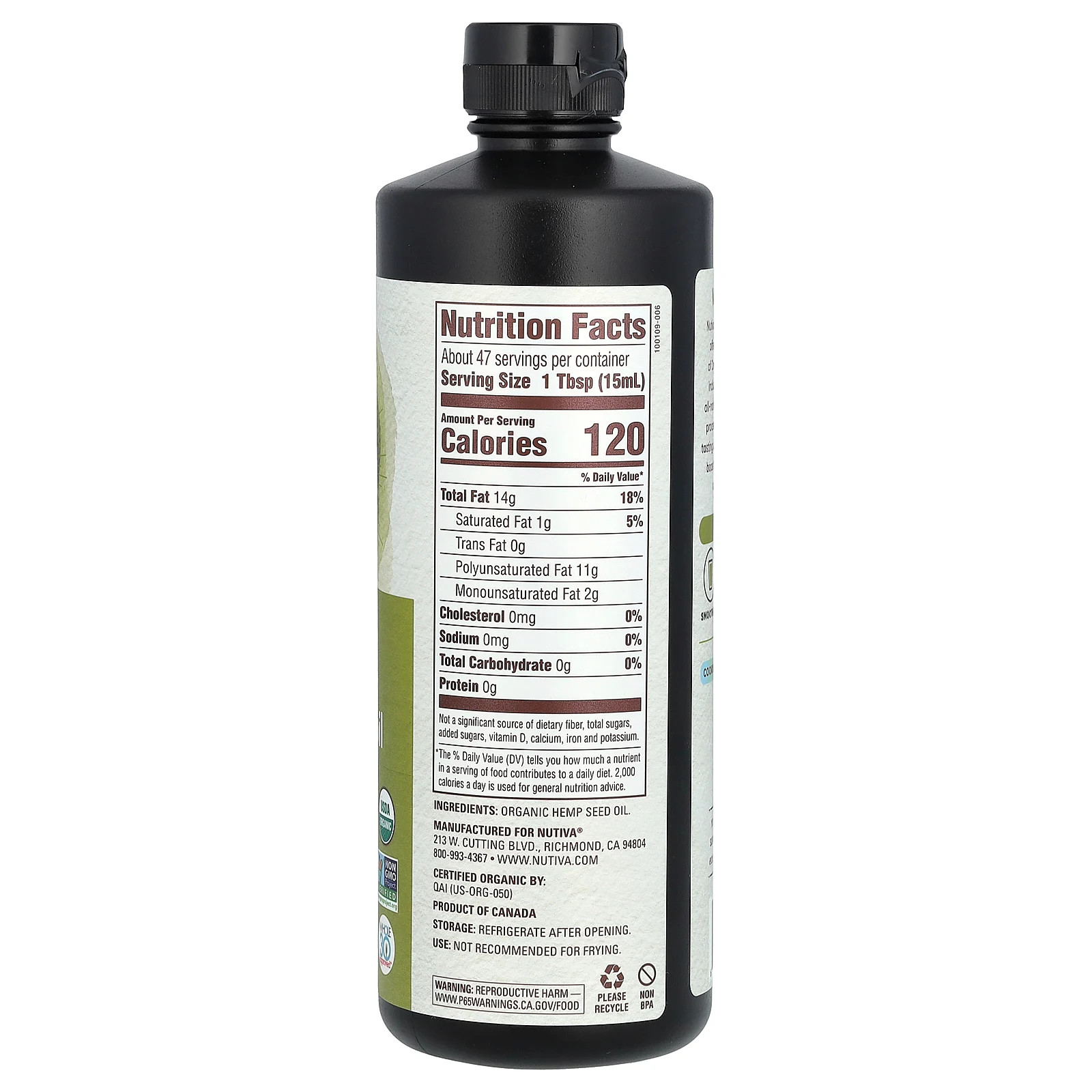 Nutiva Organic Hemp Oil Cold Pressed 24 fl oz 710 ml BPA-Free, Dairy-Free,