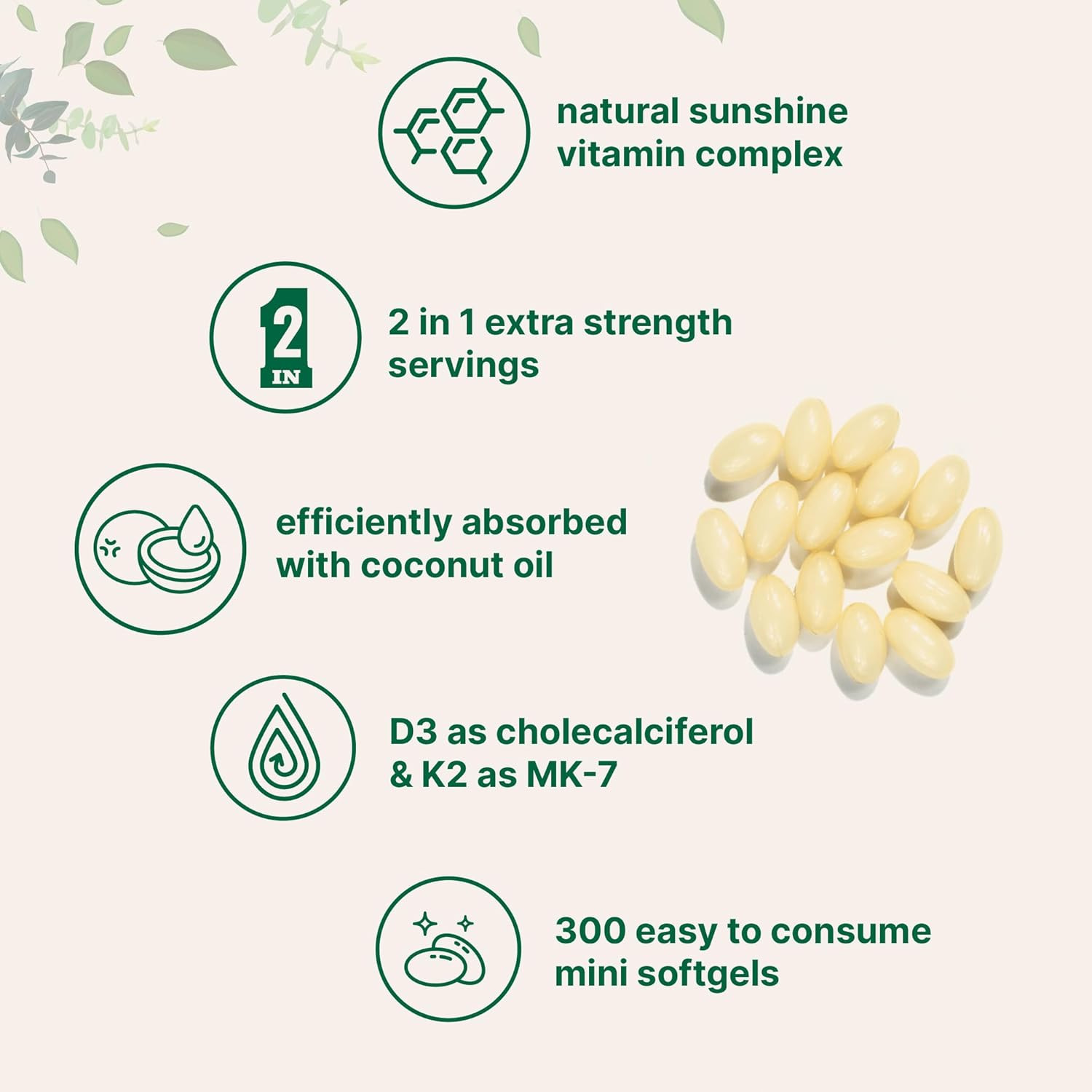 Vitamin Oil, and 300 K2 Softgels Dietary Supplement with Coconut D3 Micro