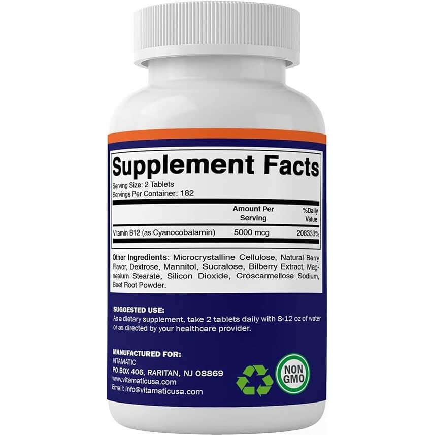 Vitamatic Vitamin B12 5000 mcg Fast Dissolve 365 Tabs NonGMO/No Gluten