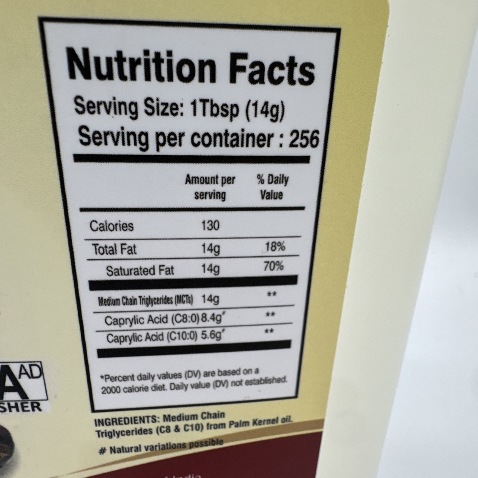 Verdana MCT Oil, Fractionated, 100% from palm kernels- 1 Gallon only C8 & C10