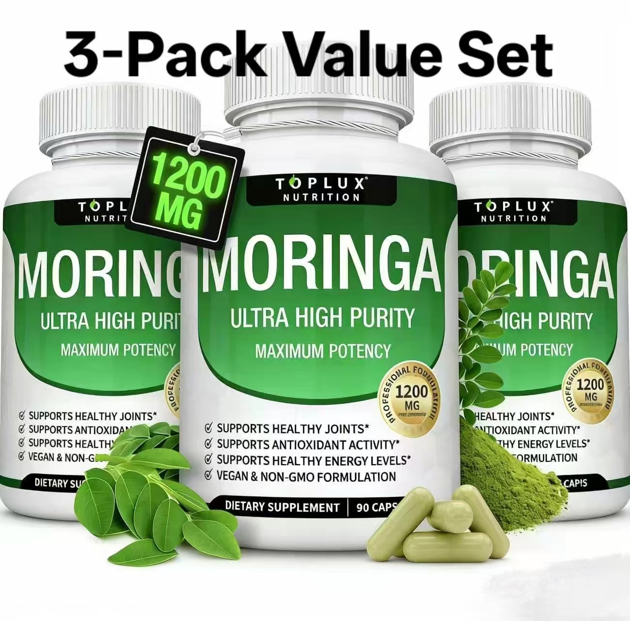 Moringa Capsules 1200mg – Maximum Potency, 3-Pack (90 Ct Each)