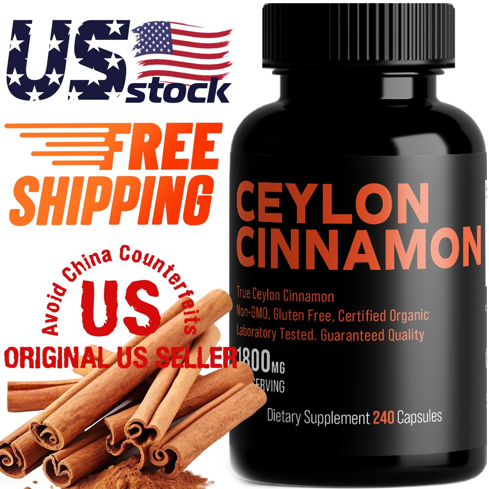 Organic Ceylon Cinnamon 1800mg – 240 Capsules | Extra Strength | Non-GMO | USA