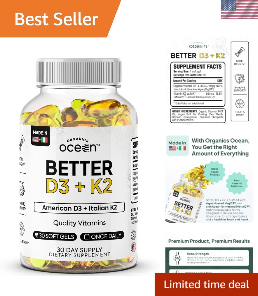 Pure Vitamin D3 + K2 – 3,000 IU Softgels for Optimal Calcium Absorption