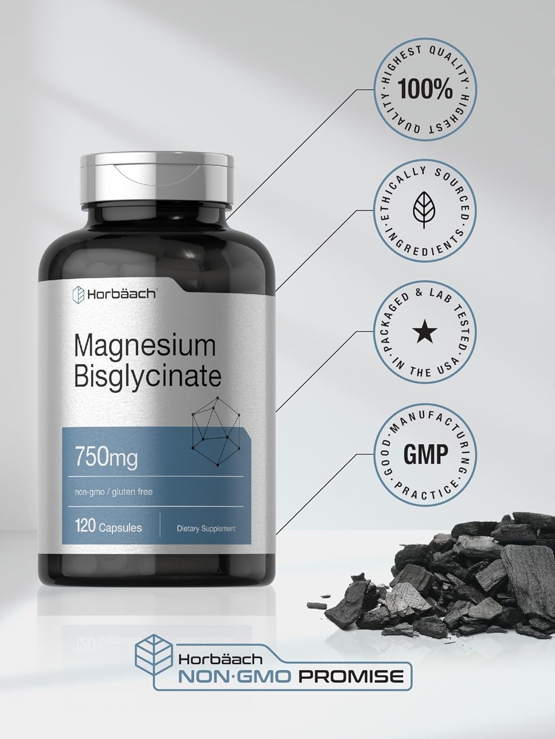 Horbaach Magnesium Bisglycinate, 120 Capsules, 750Mg, Non-Gmo Supplement
