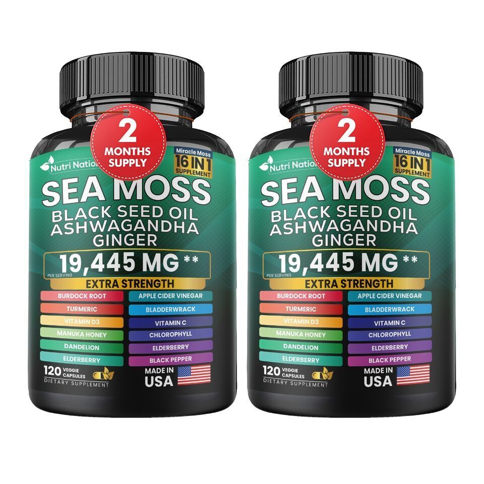 Sea Moss, Black Seed Oil, Ashwagandha, Turmeric, Ginger (16 in 1) 3 Bottle sale