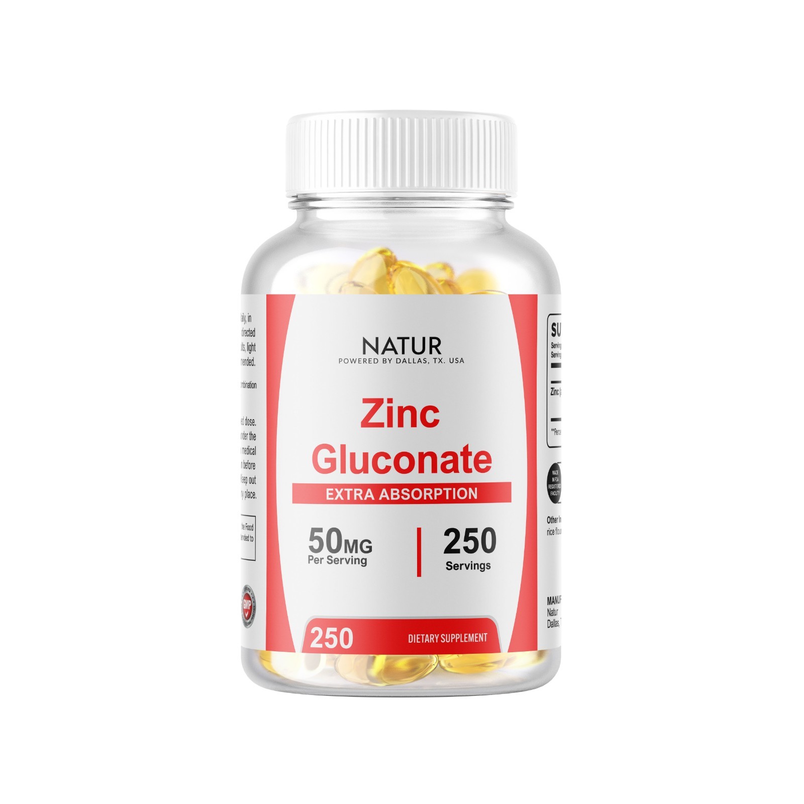 250 Zinc Gluconate Softgels (50mg) – Vegetarian Gluten Free Non-GMO USA MADE