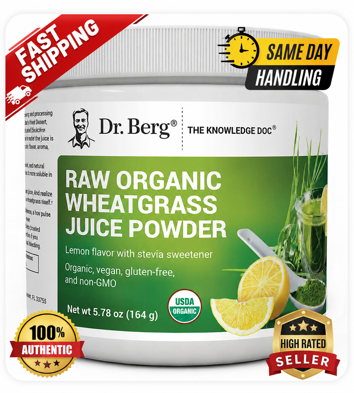 Dr. Berg Raw Organic Wheatgrass Juice Powder Lemon USDA Organic Superfood