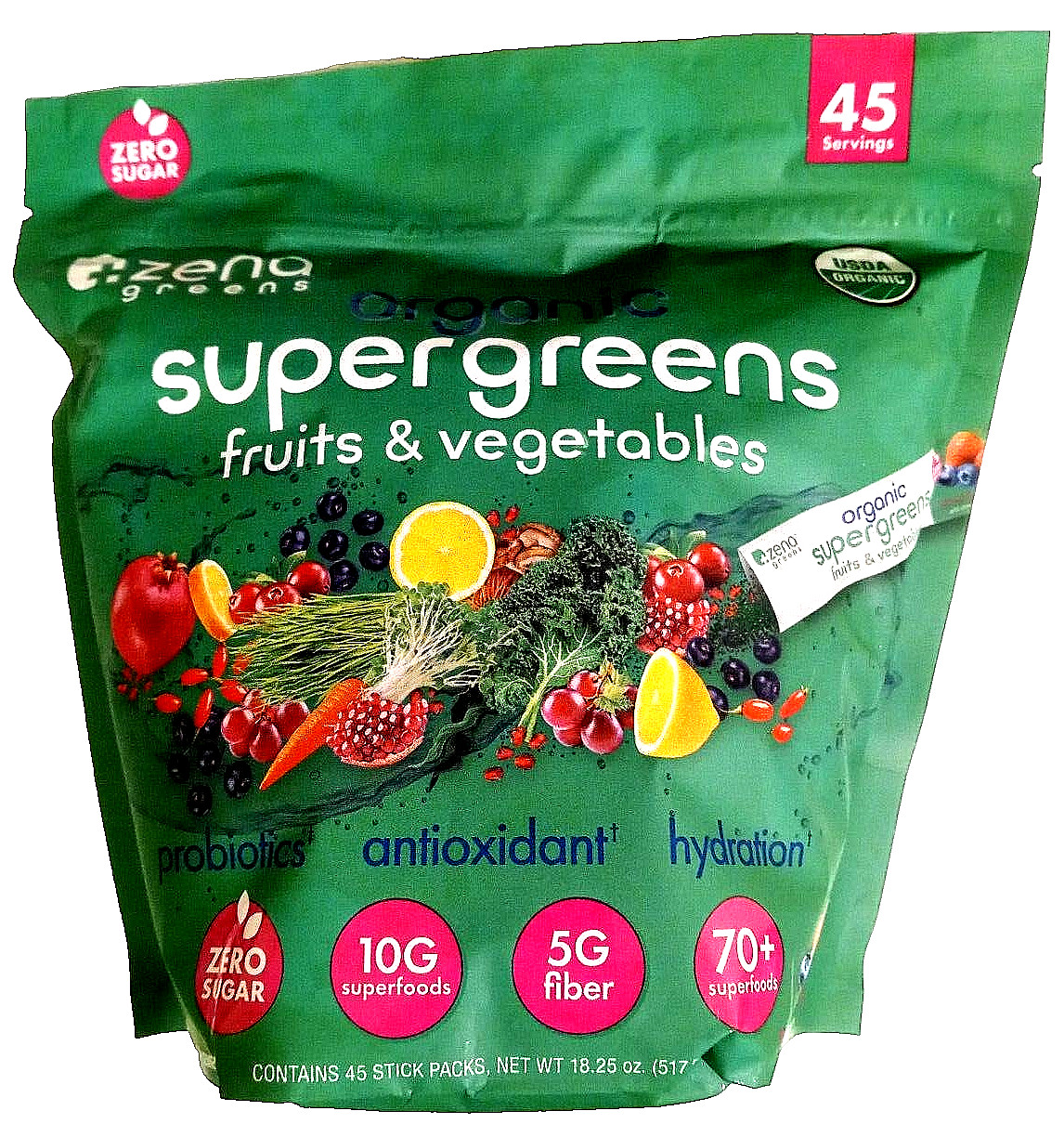 Zena Greens Organic Supergreens Fruits & Vegetables Powder 45 Packs EXP 03/2026